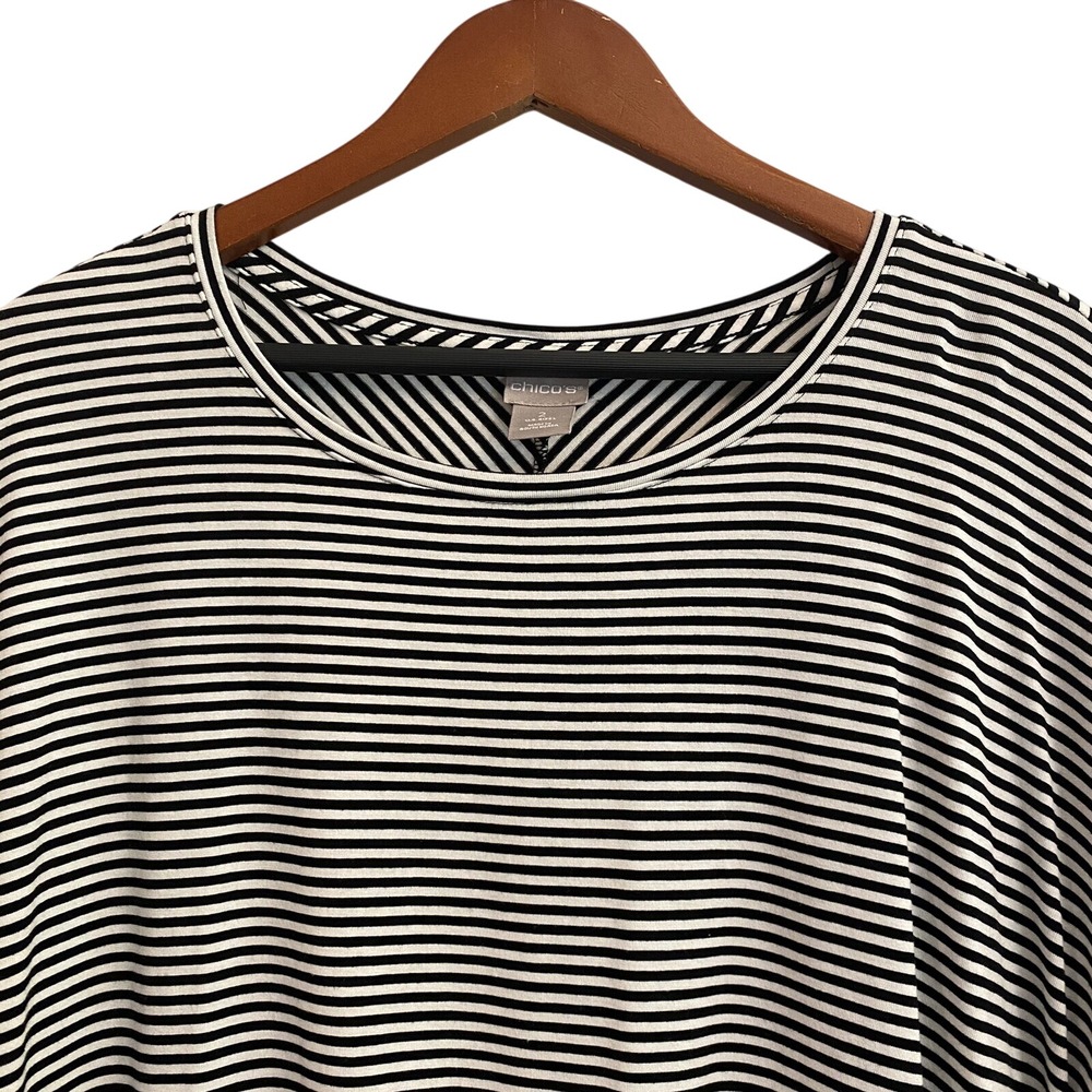 Chico's Striped Top Womens Chico Size 2 Longline 3/4 Sleeve WHITE Black - Picture 2 of 11